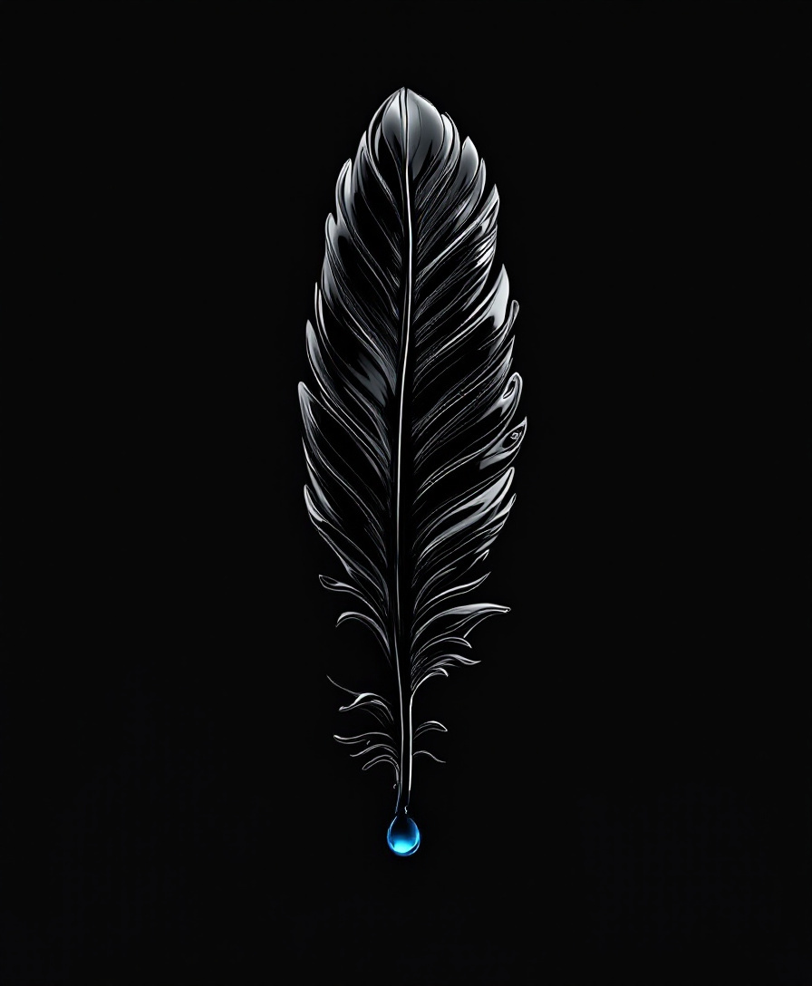 Feather of liquid obsidian with a cyan drop