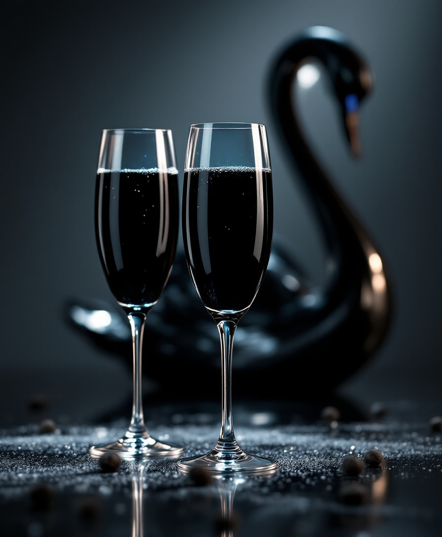 Two glasses of black champagne in front of an obsidian swan