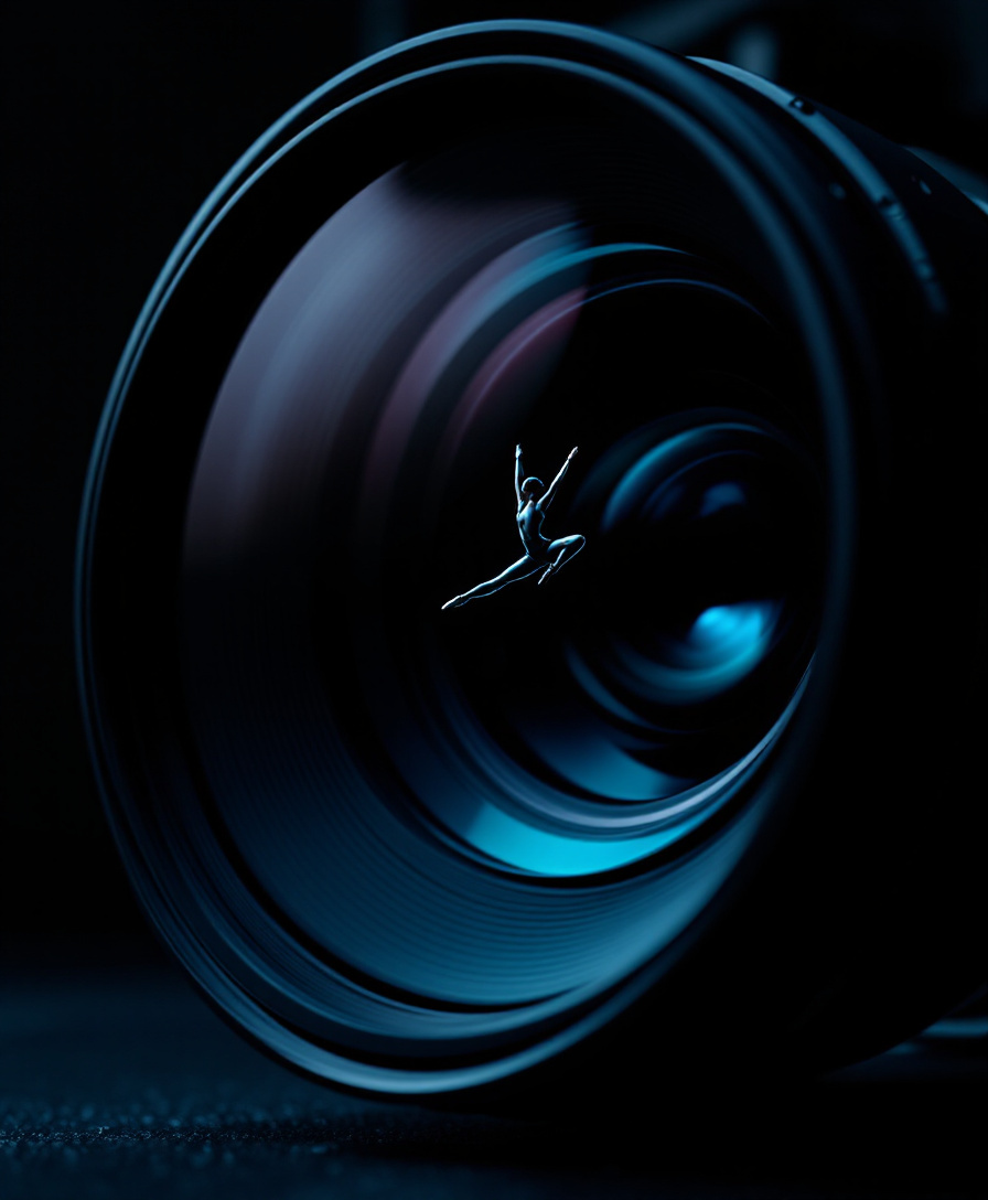 Camera lens with an obsidian dancer leaping inside