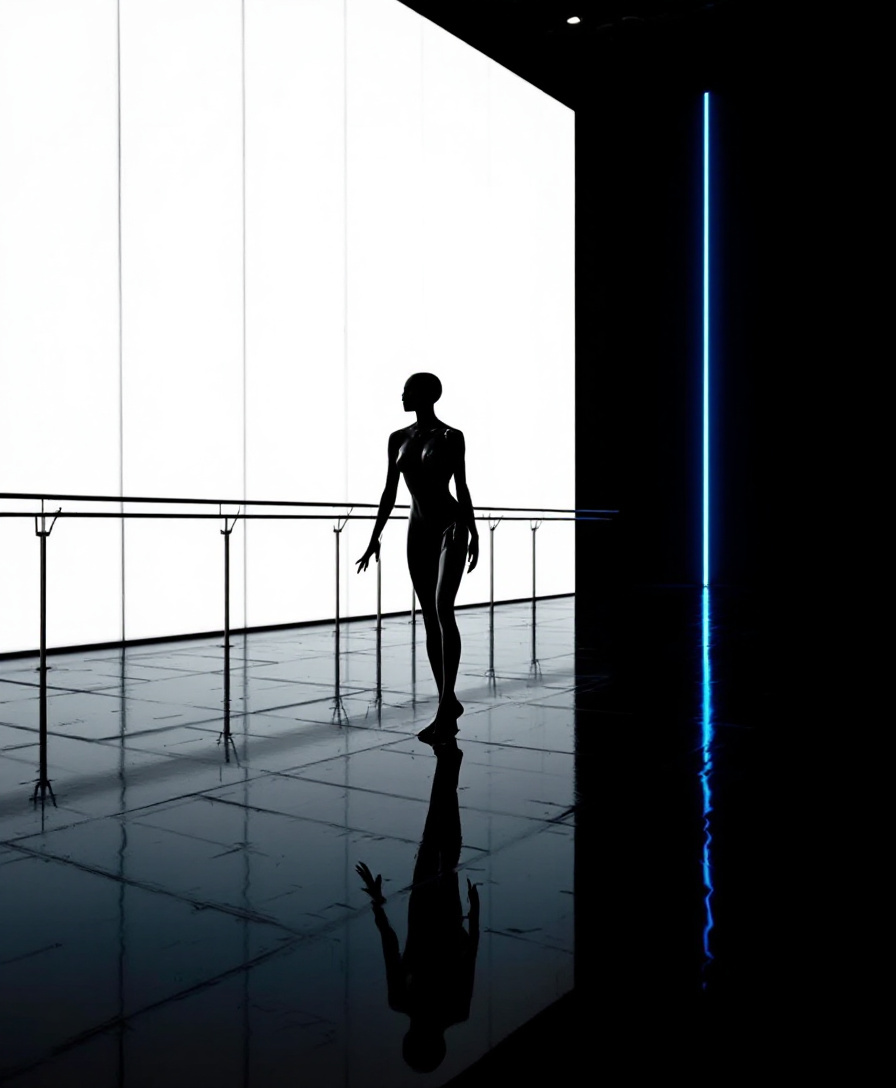 Obsidian dancer in a rehearsal studio at night